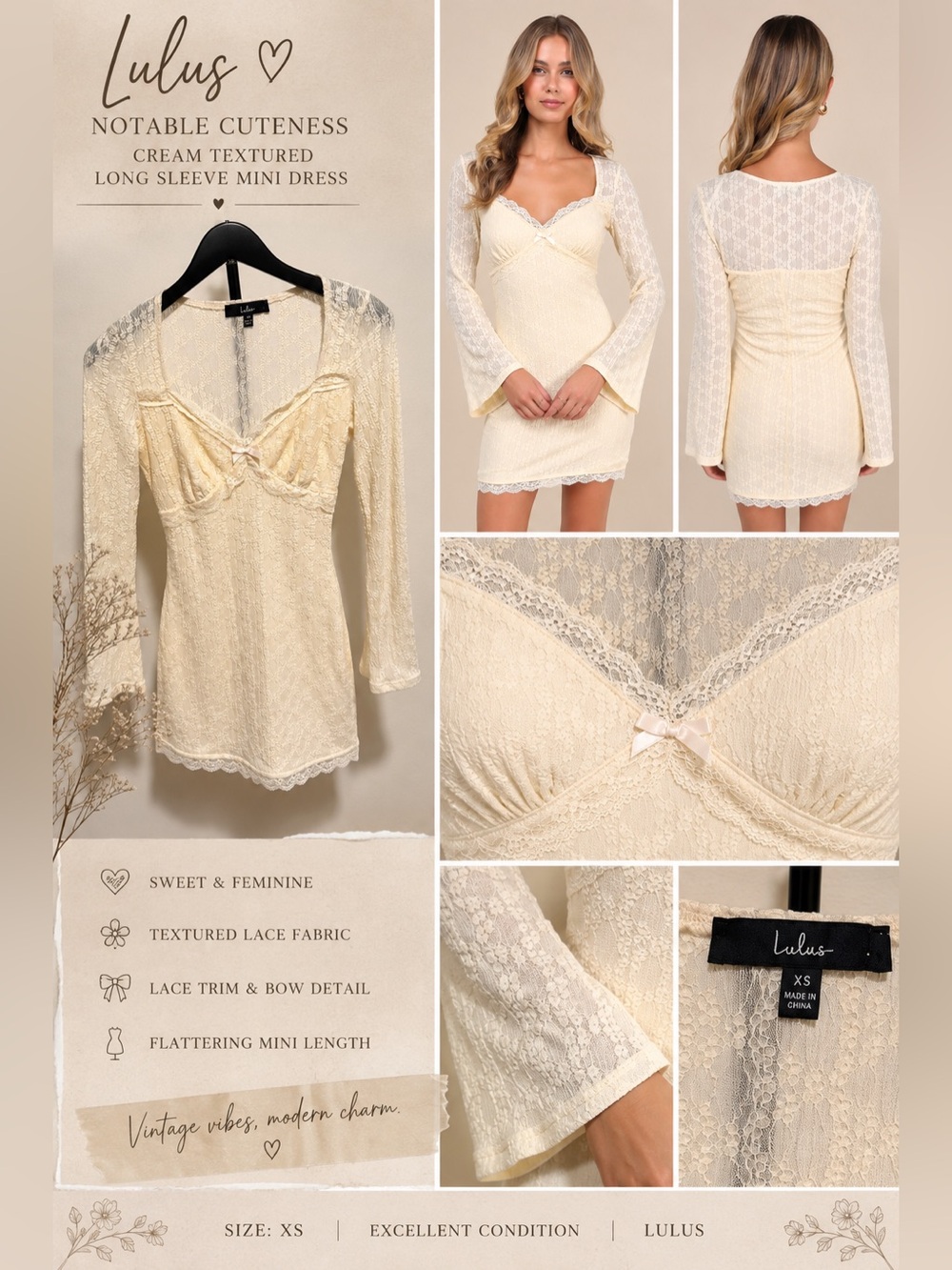 Lulus Notable Cuteness Cream Textured Long Sleeve Mini Dress